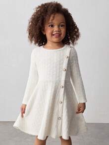 Maija Kids Young Girl Knitted Ribbed Apricot Pearl Button Decor Round Neck Long Sleeve Casual Dress - Apricot - View 4