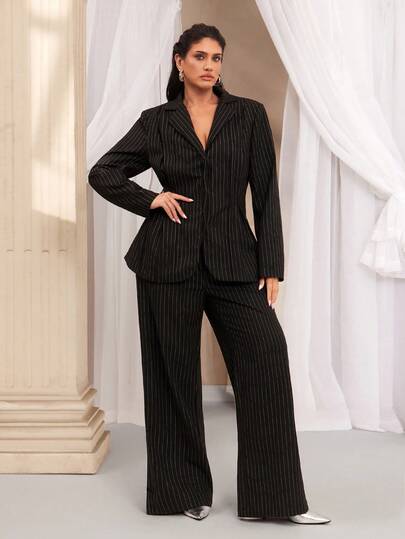 VOLUPTÉ CURVE Plus Size Spring Autumn Black Vertical Striped Lapel Long Sleeve Waist Cinched Mid Length Blazer With Straight Wide Leg Pants Vintage Urban Office Suit Set For Office, Meeting, Date And Party