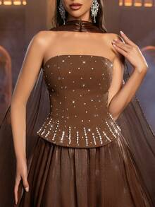 Glamrae 优雅灰紫色无肩带奢华3D串珠花卉装饰A字型长款连衣裙（可拆卸领口披肩），正式晚礼服 - 藍紫色 - 查看 6