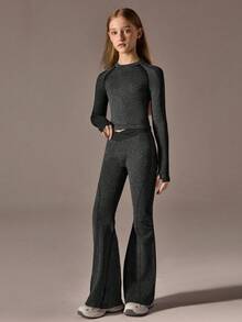 2pcs Set: Regular T-Shirt + Regular Flare Pants + Solid/Black + Sports T-Shirt + Sports Flare Pants + Activewear - Black - View 5