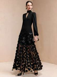 Arave 女士蕾丝圆形花卉针织落肩收腰连衣裙，优雅女装 - 黑色 - 查看 4