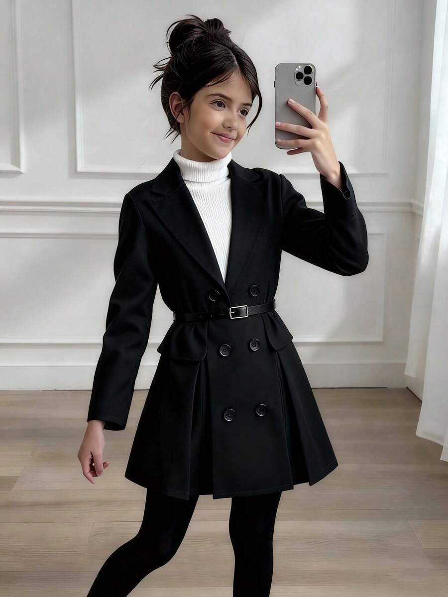 Elladie kids New Elegant French Red Long Sleeve Blazer Dress, Luxury Pleated Formal Occasion Dress, Sophisticated Lapel Double-Breasted Long Sleeve Dress - Black - View 1