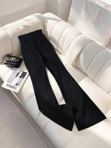 SHEIN Franclia 女士新款独特时尚百搭纯色优雅喇叭裤，高腰显瘦金属拉链长裤 - 黑色 - 查看 2