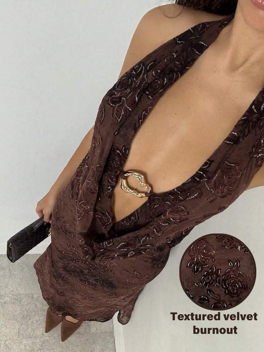 SHEIN Glamour Women's Velvet Jacquard Brown Floral Elegant Backless Halter Neckline Party Dress,Summer Night Out Chocolate Brown Metallic Floral Short Dress - Multicolor - View 1