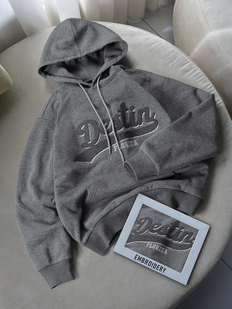 Manfinity Homme 男士字母刺绣长袖连帽衫 - 灰色 - 查看 1