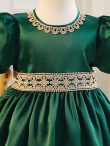 SHEIN Baby Girls' Emerald Green Summer Elegant Formal Wedding Dress,Vintage Golden Embroidered Puff Sleeve A-Line Ruffle Collar Sweet Cute Party Outfits - Dark Green - View 6