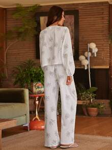 Lullawish Conjunto de pijama de mujer bohemio, casual y cómodo para vacaciones, con estampado de árbol de coco, lazo y manga larga suelta - Beis - Ver 2