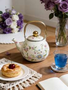 Cirelle 1升珐琅茶壶，法式花卉图案，金色把手——多功能茶壶，可用于泡茶或咖啡，是任何厨房的理想礼物 - 彩色 - 查看 7