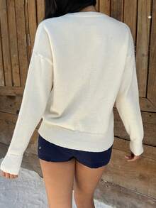 SHEIN Unity Cute Cat Embroidery Versatile Women Sweater - Beige - View 2