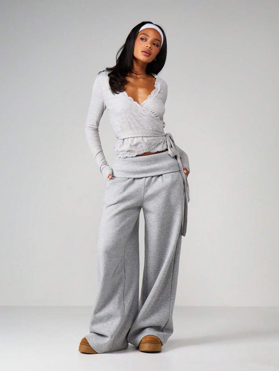 MISSGUIDED High Rise Wide Leg Joggers With Roll Top Waistband And Side Tie Detail For Casual Loungewear - Light Grey - View 1