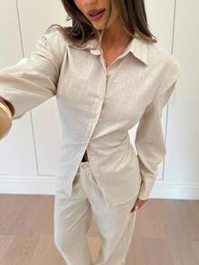 Siren Gaze Women's Casual 100% Cotton Drop Shoulder Long Sleeve Button Front Shirt Set, Autumn/Winter Linen Two Piece Set,Stylish And Casual Two-Piece Set - Apricot - View 2