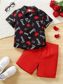 2pcs Toddler Boys Gentleman Outfit Set, Including Black Woven Digital Print Short Sleeve Shirt With "Love", Heart And Crown Patterns, Collar And Button Design, And Red Shorts. Vibrant Colors, Suitable For Casual Wear Or Performances To Showcase Children's Innocence And Vitality.Valentine's Day - Black - View 8