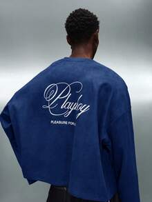 PLAYBOY X SUMWON Áo thun tay dài dáng rộng, cổ tròn, dáng lửng, in chữ, thích hợp cho phong cách đường phố thường ngày. - Màu xanh lam - Xem 4