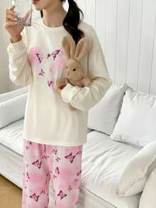 2pcs Girls Butterfly Print Long Sleeve Top And Loose Butterfly Print Pants Set, Fashionable And Cute Loungewear Teen Girl Pajama Set Girls Pijama 10 To 14 Years Pajamas Set Two Piece - Pink - View 3