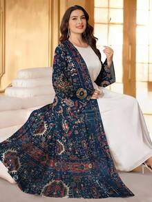 SHEIN Najma 大码女士复古花卉印花长袖休闲阿拉伯长袍，春秋季 - 彩色 - 查看 4