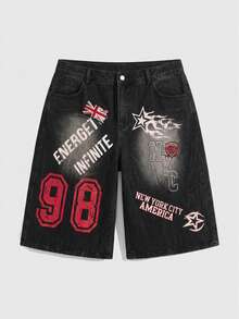 ROMWE Grunge Punk Quần short lửng denim dáng rộng, cỡ lớn, phong cách đường phố retro, kiểu dáng mô tô, phù hợp cho học sinh, in số và chữ cái tiếng Anh, cờ Anh. - màu đen - Xem 1