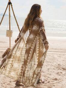 Swim Vcay 2026 波西米亚风印花薄纱V领性感睡袍，适合度假、派对、海滩，大码夏季款