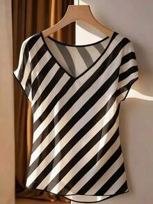 EMERY ROSE 大码女式撞色条纹短袖休闲上衣 - 黑與白 - 查看 1