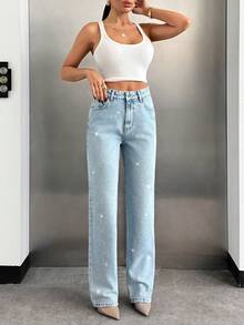 EURMUSE High Waist Stone Detailed Straight Jean Loose Jeans Light Wash Jeans Wide Leg Jeans - Light Wash - View 7