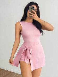 SHEIN EZwear 粉色女士简约无袖连体裤，适合日常穿着，情人节女士连体裤 - 粉色 - 查看 3