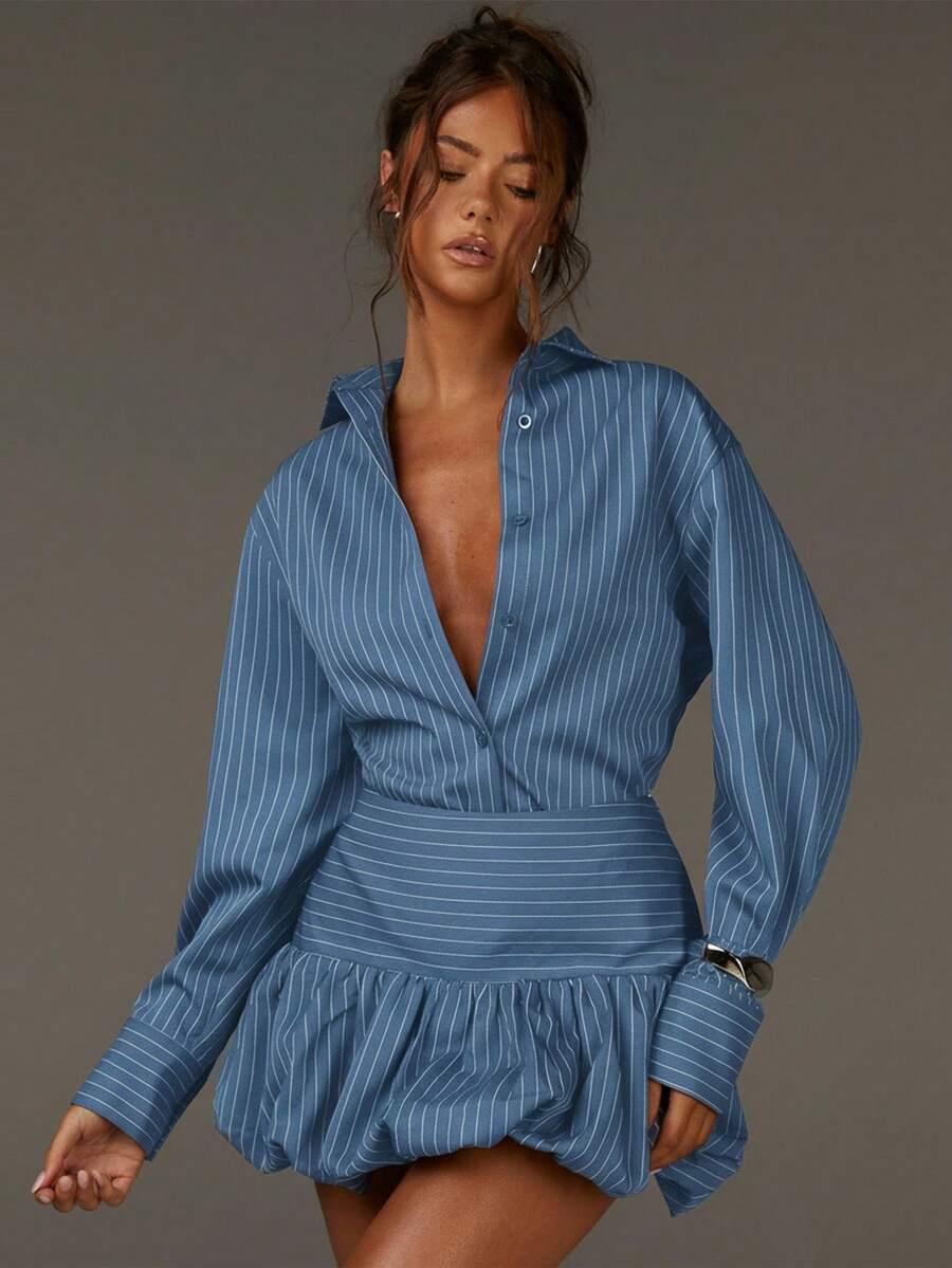 Athîral 女士休闲套装、女士秋季穿搭、棕色泡泡裙和衬衫、棕色条纹、蓝色两件套女装、衬衫和裙子套装、蓝色条纹套装、女士套装、蓝色条纹衬衫、春假穿搭、女士夏季穿搭、女士套装、春季服装 - 藍色 - 查看 1