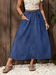 EMERY ROSE Chân váy midi denim dáng chữ A, thắt eo, có túi và cúc cài, dành cho nữ, kiểu dáng thường ngày. - Màu xanh lam - Xem 4