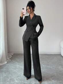 Elenzga Women's Striped Asymmetric Lapel Single Pocket Design Waist Cinched Elegant Professional Blazer And Loose Flared Pants Two Pieces Suit, Suitable For Work, Teacher Outfit, Autumn/Winter - Black - View 6