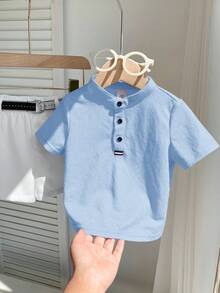 SHEIN 2pcs/Set Baby Boy Comfortable Casual Versatile Daily Fashion Minimalist Style Red Collar Short Sleeve T-Shirt POLO Knit Top And White Shorts Pants With Belt Multi-Piece Suit Uniform Formal Wear, Suitable For Indoor, Outdoor, Daily, Sports, Play, Party, Photo Shoot, Holiday, Festival, Wedding, Baby Shower, Christening And 1st Birthday Celebration, Spring/Summer - Blue - View 7