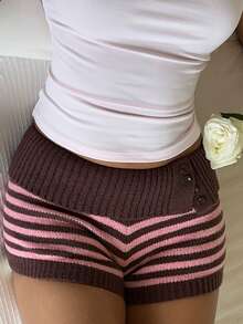 CovetEZ 女士条纹纽扣休闲百搭度假针织短裤 - 棕色 - 查看 6