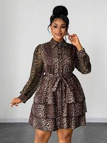 Maweii Vestido midi de mujer talla grande, elegante y vintage con cintura ceñida, estampado de leopardo y volantes en el bajo - Multicolor - Ver 2