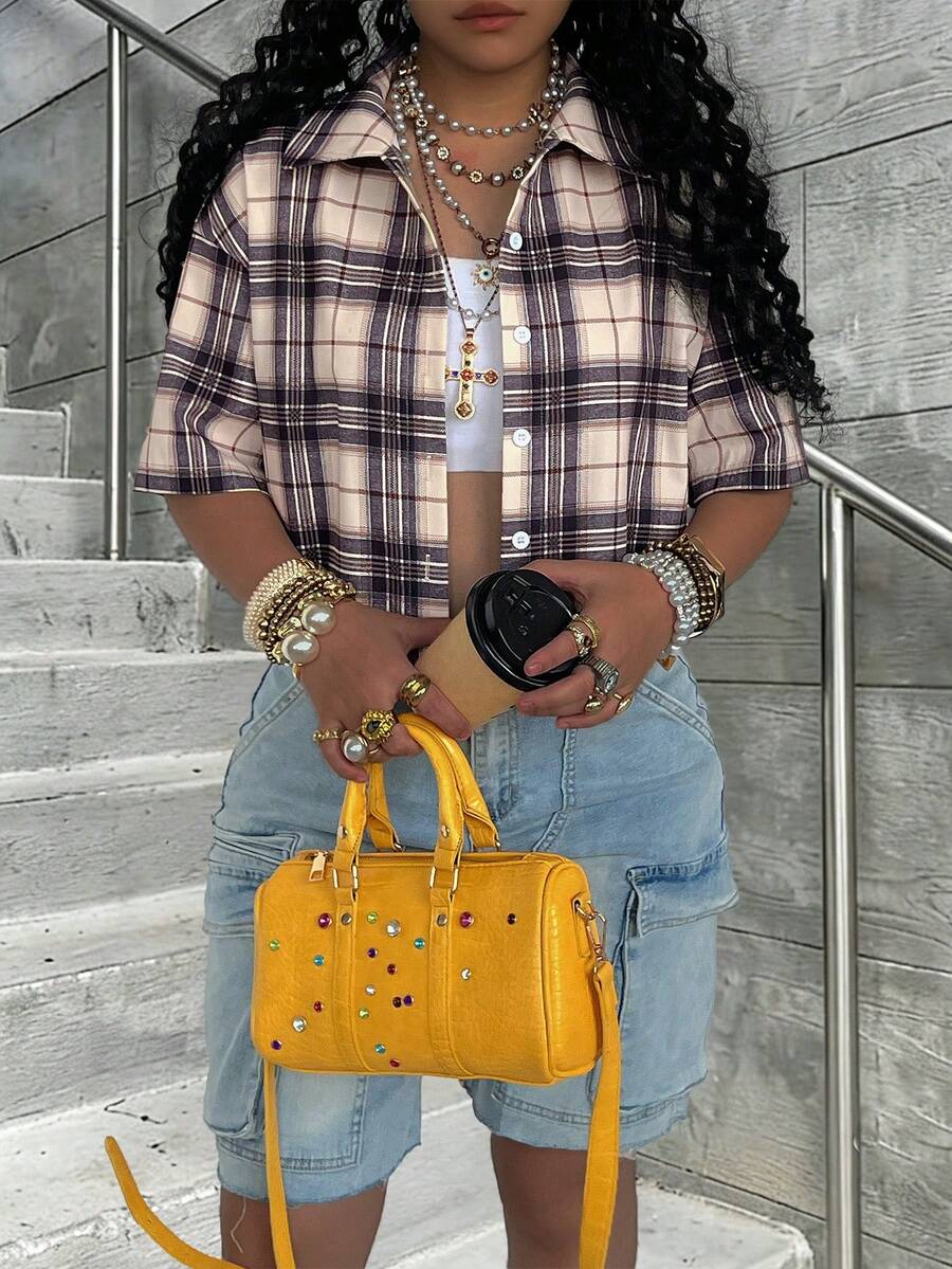 Rovax Women's Plaid Lapel Single-Breasted Casual Versatile Daily Commute Short Sleeve Shirt - Multicolor - View 1