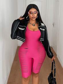 Maweii Plus Size Women Solid Color Distressed Design Jumpsuit ShortsValentine's Day - Pink - View 2