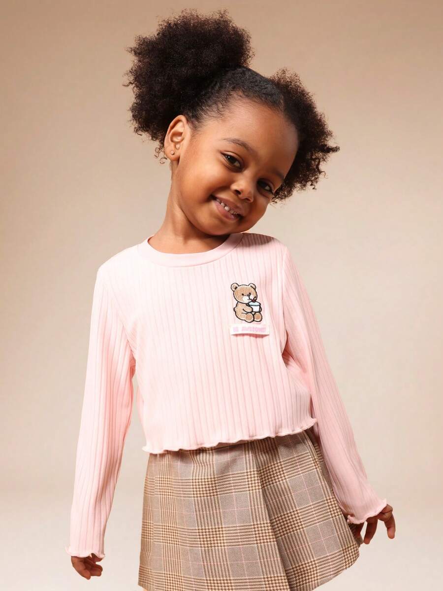 SUMWON Girls Long Sleeve Ribbed Crop Top With Embroidered Bear Character Detail Cute Pullover For Casual And Vacation - Baby Pink - View 1