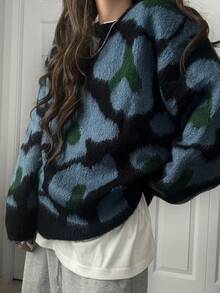 FRIFUL Women's Casual Leopard Print Sweater, Autumn/Winter - Blue - View 3