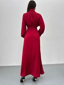 Firerie Women's New Satin Solid Color Ruffle Collar Cinched Waist Fishtail Hem Maxi Dress, V-Neck Business Dress, Puff Sleeve Dress, Blazer Style Dress, Fishtail Hem Dress, Spring Summer Autumn Winter Clothing, Elegant, Commute, Date, Party, Wedding Season, Graduation, Prom, Performance, Concert, Work Attire, Back To School, Annual Party, Women's Birthday, Holiday Outfit - Burgundy - View 7