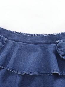 Modna, jeansowa mini spódniczka w stylu Sweet Cake dla nastolatek, odpowiednia na wiosnę, lato, jesień i zimę. Średnio sprany denim w kolorze niebieskim, modny styl uliczny Y2K, uroczy i uroczy wzór, warstwowy, falbaniasty dół z kokardką, elastyczny pas, miękka i elastyczna bawełna z efektem denimu, uniwersalna na co dzień, na imprezę, do szkoły i do pracy. Nowość na jesień/zimę. - Średni jeans - Zobacz 6