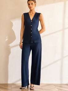 Lymera Neue Damen Mode Lässig Vielseitige Party & Büro Outfit, marineblauer Business-Casual Strick Metallic Knopf Weste kombiniert mit passender Weite Bein Hose Set - Blau - Übersicht 5