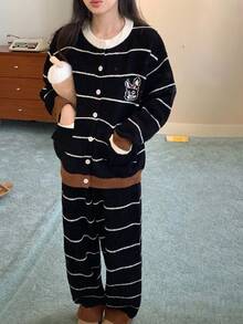 DAZY 2pcs Women Rabbit Striped Pattern Loose Long Sleeve Cardigan And Pants Pajama Set, Winter - Black - View 4