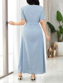 Feyla Women's Elegant Dusty Blue Summer Midi Dress,Round Neck Short Sleeve Waist Tie Cinched Design,Perfect For Garden Party,Vacation And Baby Blue Events - Blue - View 2