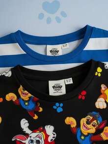 SHEIN | PAW Patrol 2pcs/Set Young Boy Casual Cute Cartoon Dog Print Round Neck Short Sleeve Knit T-Shirt, Summer - Multicolor - View 3