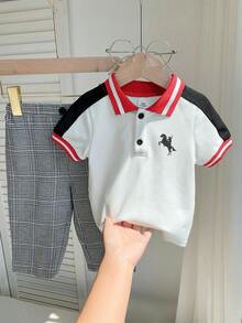 Set de 2 piezas de camisa polo de manga corta casual y pantalones a cuadros de cintura elástica para niño pequeño, adecuado para fiesta de cumpleaños, fiesta de noche, actuación, boda, baby shower, celebración del 1er cumpleaños - Multicolor - Ver 8