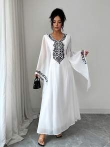 Elenzga Chic Women's White Fabric Long Dress With Geometric Pattern V-Neck And Elegant Cloak Sleeves - White - View 5