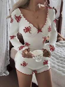 CottageSlumber 女士印花V领荷叶边蝴蝶结装饰长袖连体裤 - 酒紅色 - 查看 4