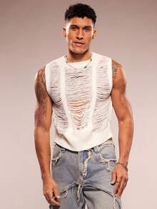 FeverCity Men's Fashionable Casual Ripped Sweater Vest - White - View 1