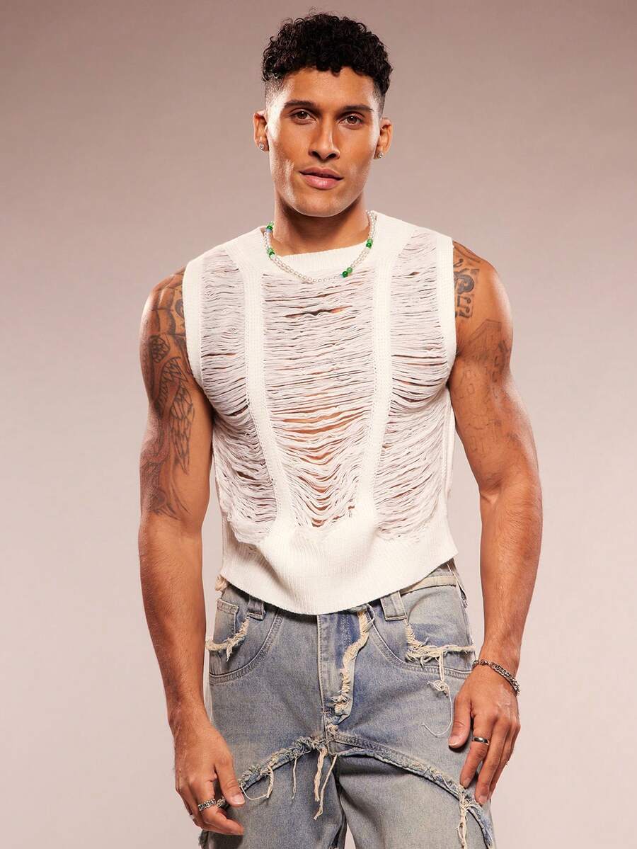 FeverCity Men's Fashionable Casual Ripped Sweater Vest - White - View 1