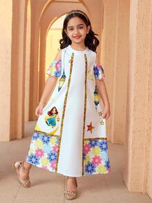 Young Girls Summer Middle Eastern Princess Dress,White Base Fanus Lantern & Cartoon Girl Print,Open Shoulder Loose Ankle-Length For Family Parties - Multicolor - View 5