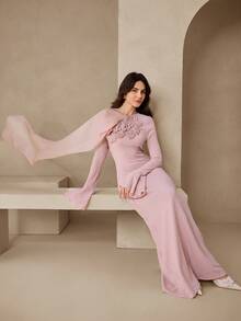 Graceveil Elegant Women's Long Sleeve Knit Dress With Oblique Neckline, Applique, Mesh Ribbons, Textured Fabric, Fitted Silhouette, Pink Color - Pink - View 3
