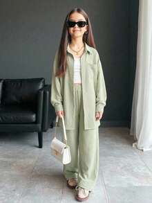 SHEIN Back To School Tween Girls 3-Piece Set: Green Loose Shacket, Suspender, And Elastic Waist Pants, Casual Fashion Outfit - Green - View 1