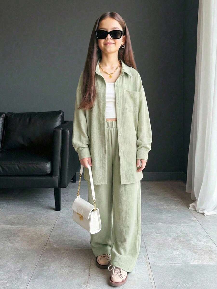 SHEIN Back To School Tween Girls 3-Piece Set: Green Loose Shacket, Suspender, And Elastic Waist Pants, Casual Fashion Outfit - Green - View 1