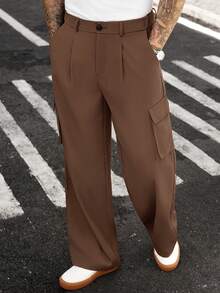 Manfinity CasualCool 男士西装裤，高端新款设计，垂褶西装裤，设计师时尚休闲黑色简约商务裤，棕色褶裥西装裤 - 棕色 - 查看 1